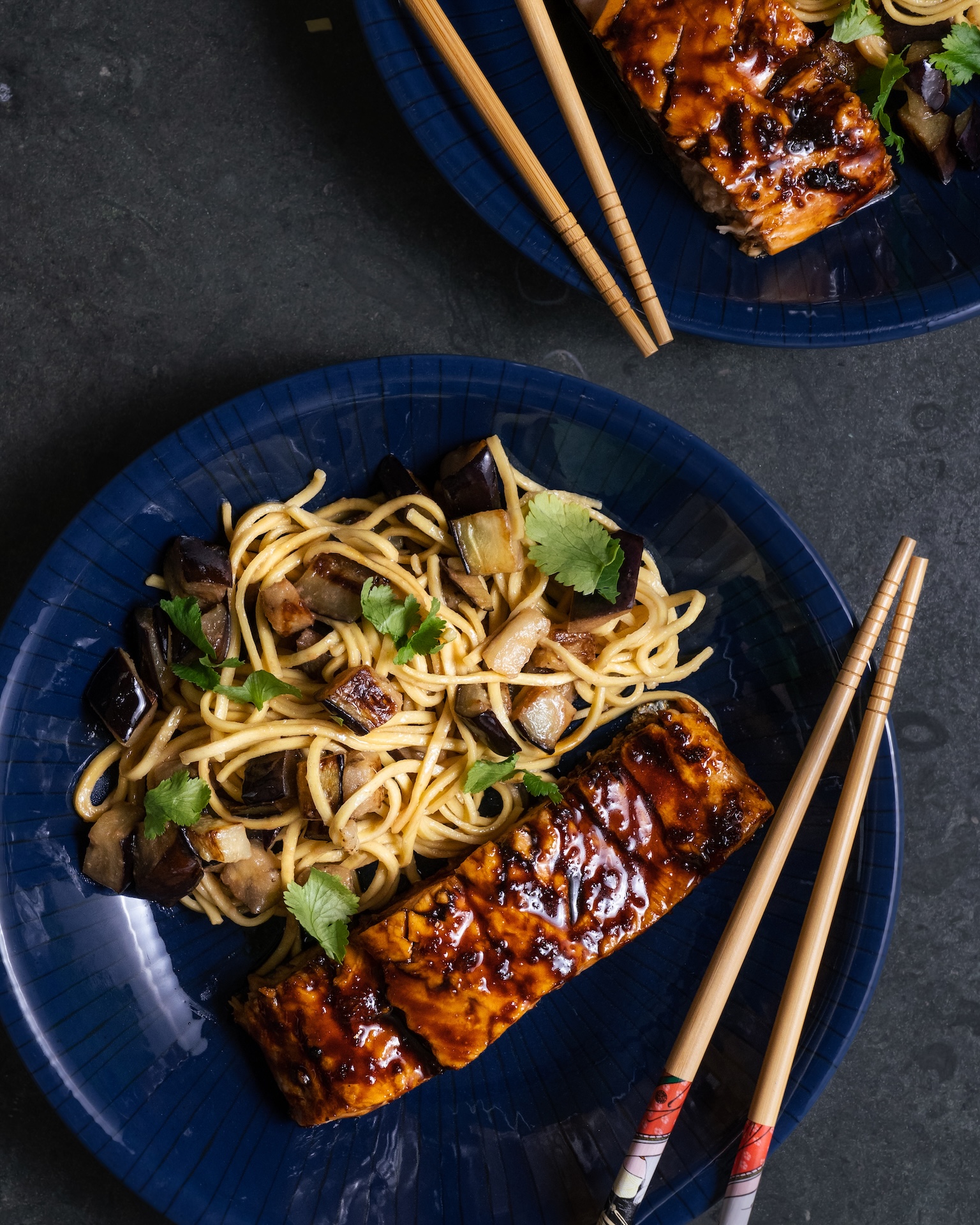 Miso aubergine soy salmon finished dish